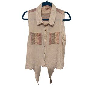 Hem & Thread Tank Top Button Front with Tie Ivory with Multi Stripe L